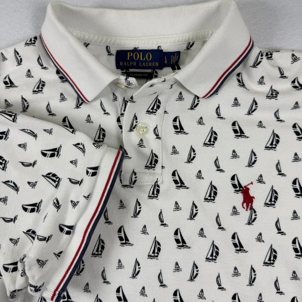 Polo Ralph Lauren Sailboat Print Polo Shirt White Large Classic Fit Nautical L